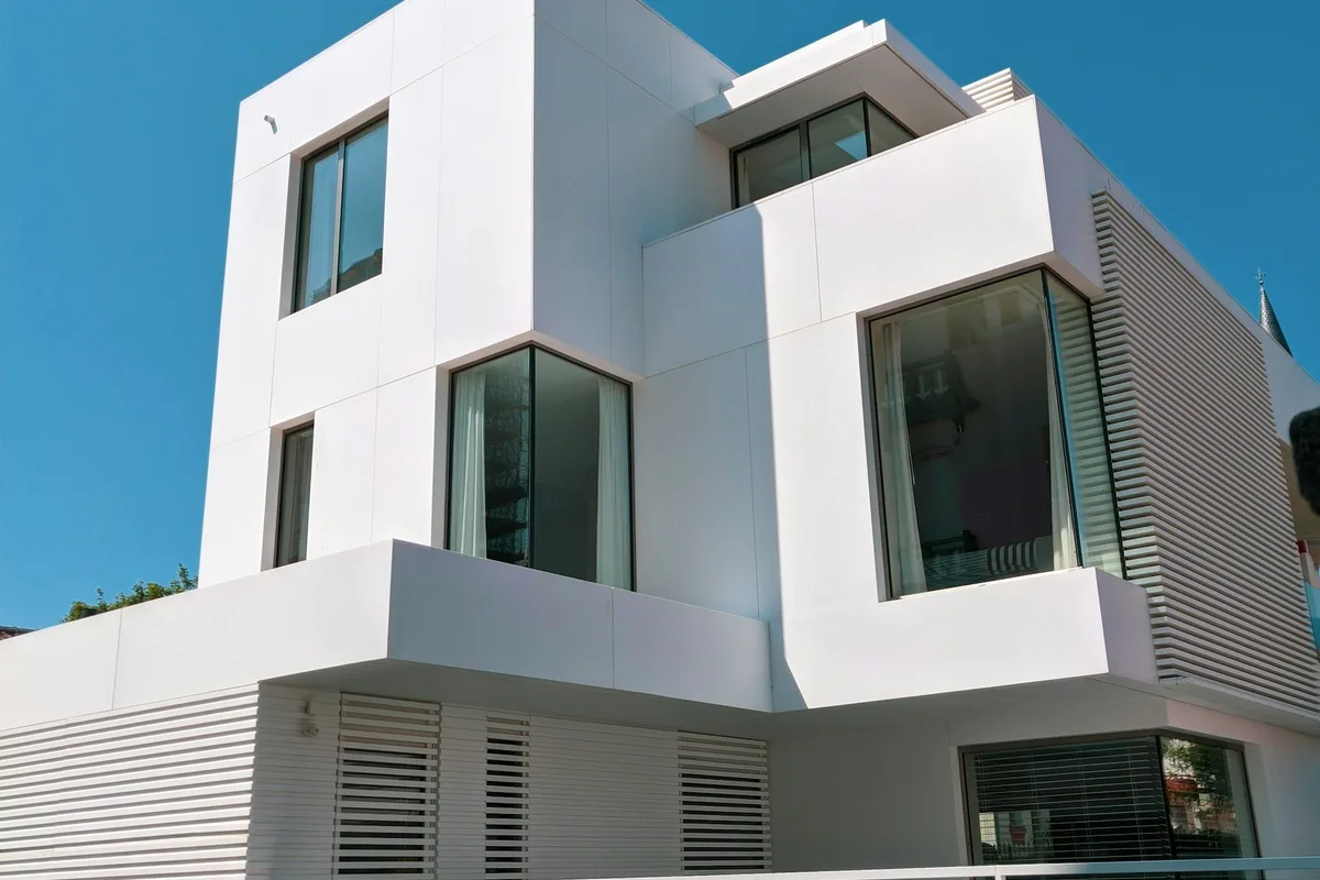 Newly built modern white two-story home